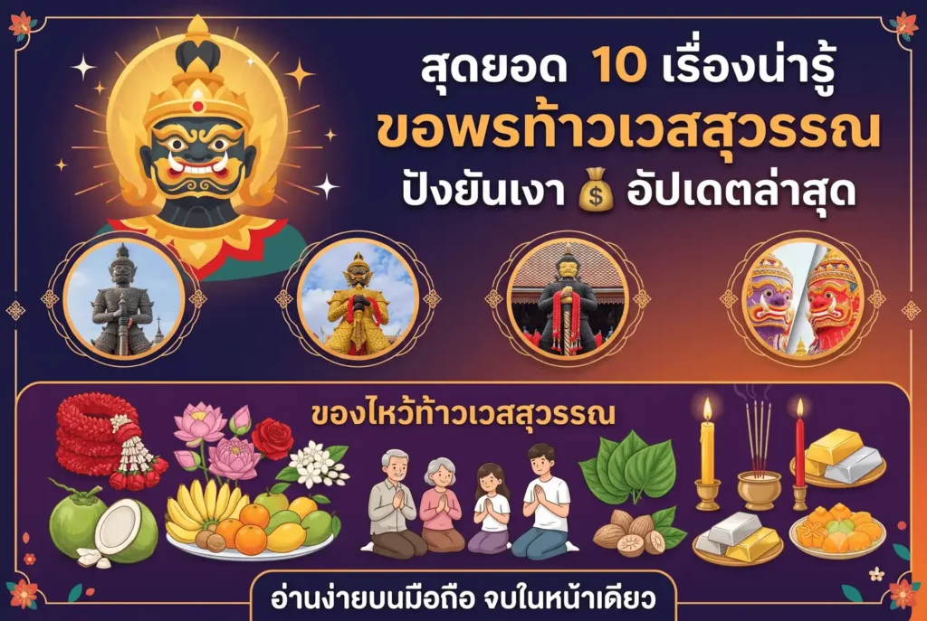 แบนเนอร์รวมสถานที่สายมูขอพรท้าวเวสสุวรรณและวิธีเตรียมของไหว้บูชา