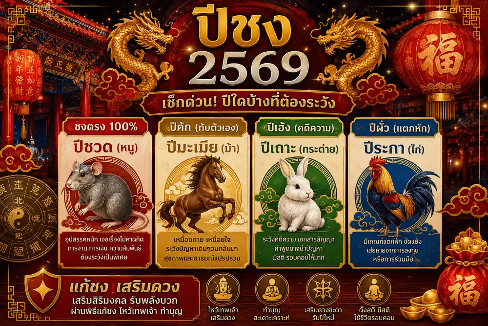 ปีชง 2569 สรุป 4 ปีนักษัตรที่ได้รับผลกระทบ ได้แก่ ปีชวด ปีมะเมีย ปีเถาะ และปีระกา พร้อมความหมายของปีชง ปีคัก ปีเฮ้ง และปีผั่ว